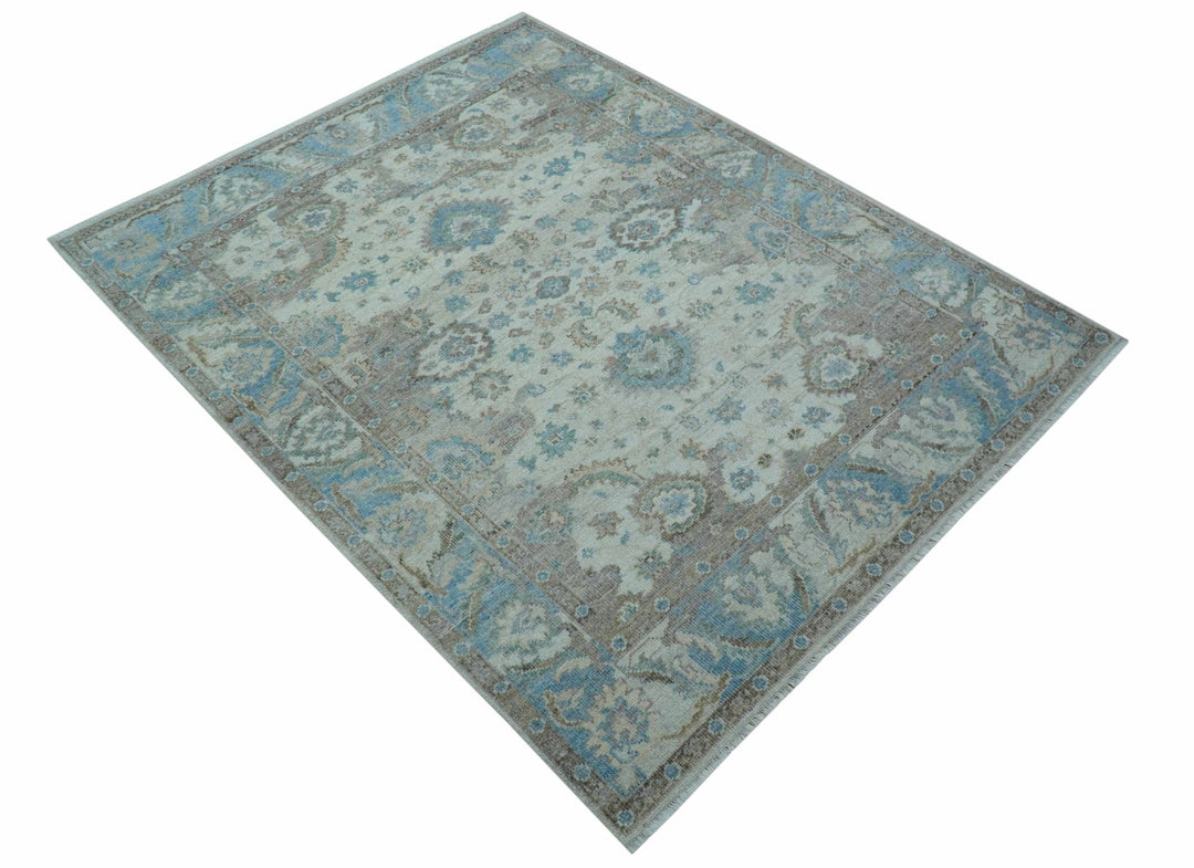 Custom Made Hand Knotted Ivory and Blue Traditional Turkish Afghan Wool Rug - The Rug Decor