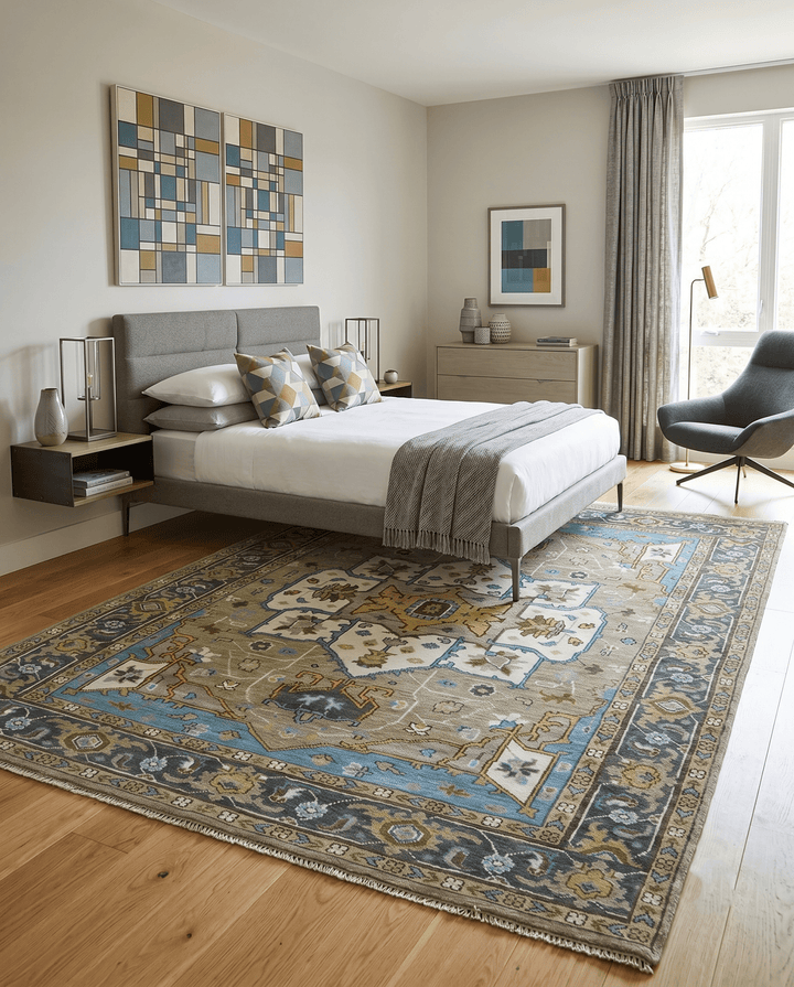 Custom Made Hand Knotted Ivory and Camel Traditional Heriz Wool Rug - The Rug Decor