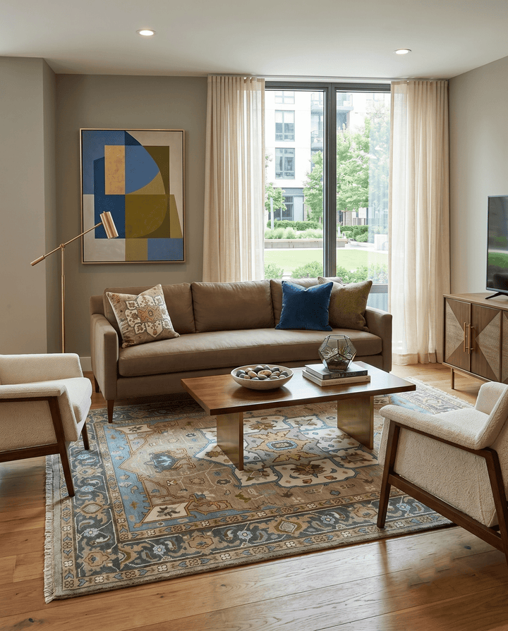 Custom Made Hand Knotted Ivory and Camel Traditional Heriz Wool Rug - The Rug Decor