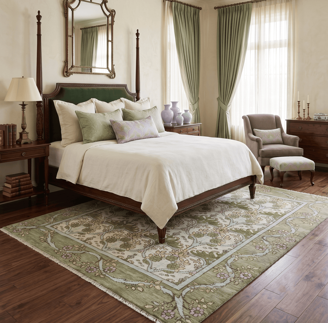 Custom Made Hand Knotted Ivory and Green Floral Traditional Style Wool Area Rug - The Rug Decor