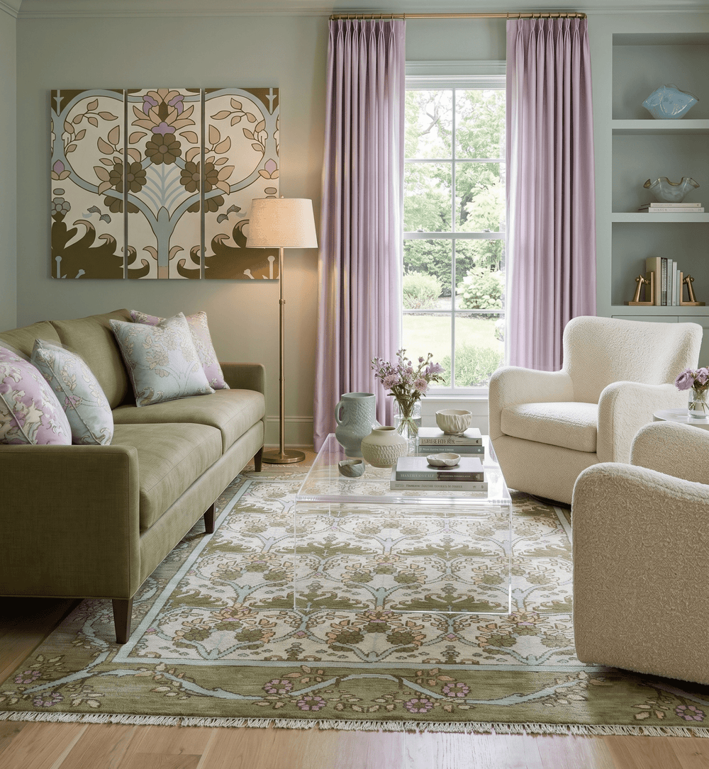 Custom Made Hand Knotted Ivory and Green Floral Traditional Style Wool Area Rug - The Rug Decor