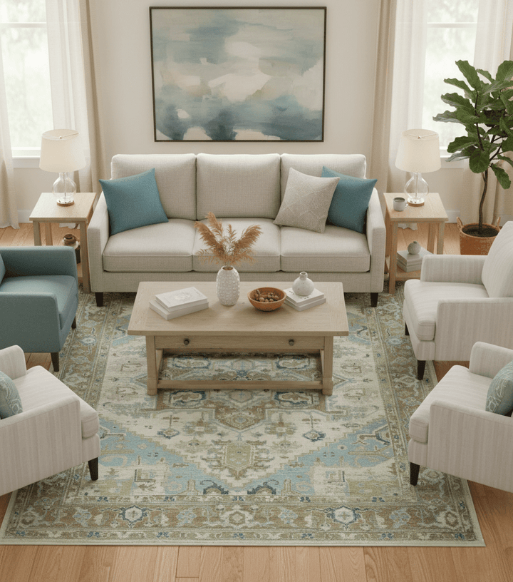 Custom Made Hand Knotted Ivory, Olive and Light Blue Traditional Wool Area Rug - The Rug Decor