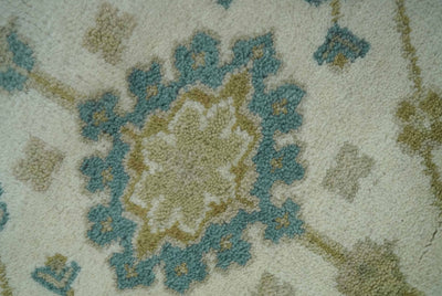 Custom Made Hand Knotted Ivory, Teal and Olive Traditional Oriental Oushak wool rug - The Rug Decor