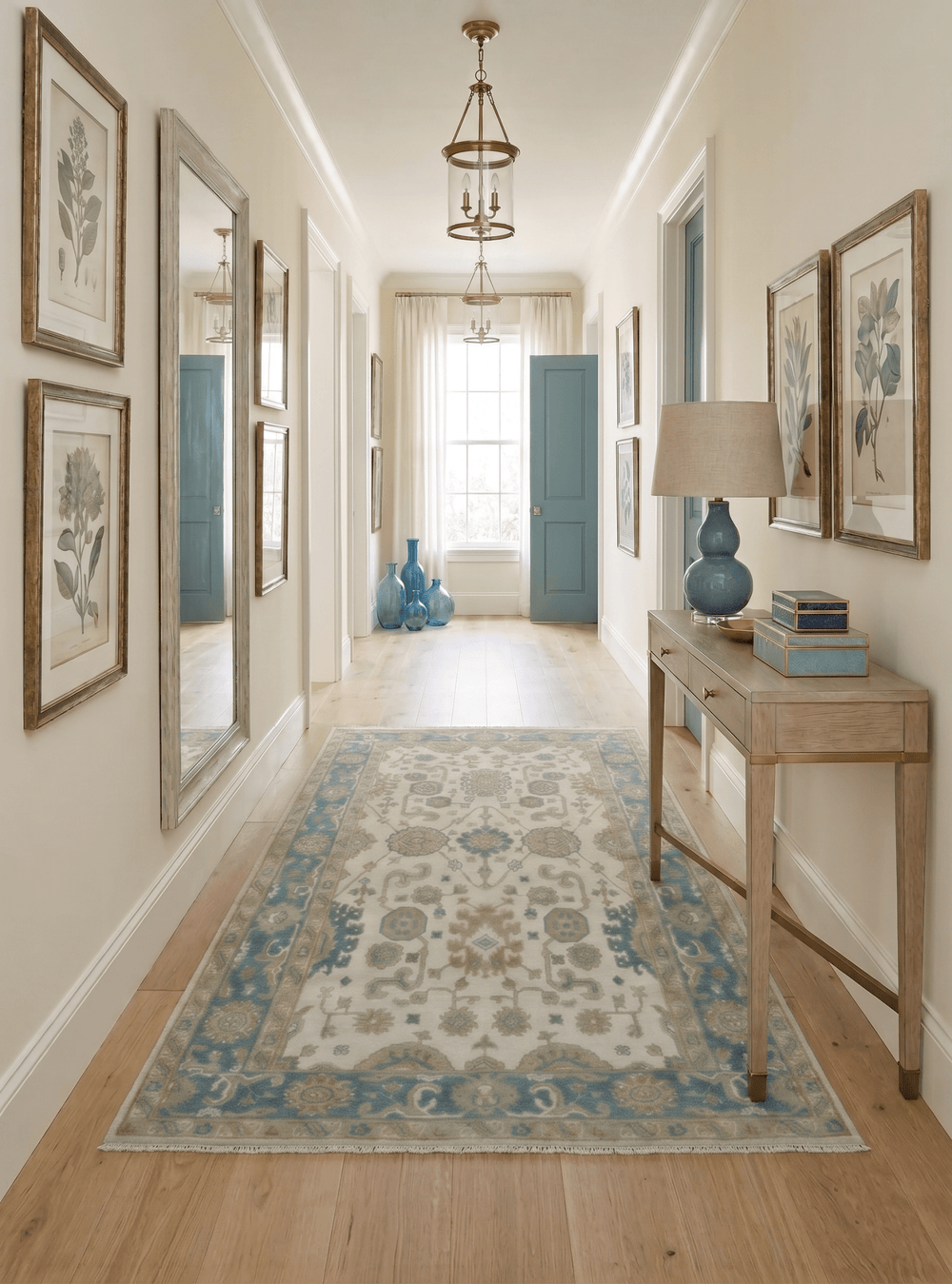 Custom Made Hand Knotted Ivory, Teal and Olive Traditional Oriental Oushak wool rug - The Rug Decor