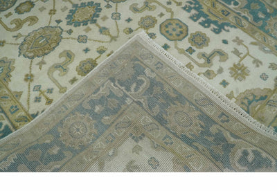 Custom Made Hand Knotted Ivory, Teal and Olive Traditional Oriental Oushak wool rug - The Rug Decor