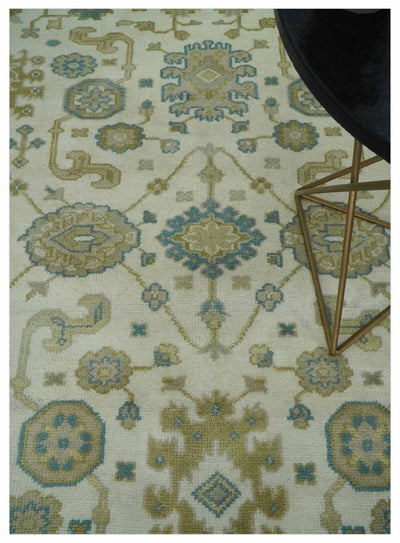 Custom Made Hand Knotted Ivory, Teal and Olive Traditional Oriental Oushak wool rug - The Rug Decor