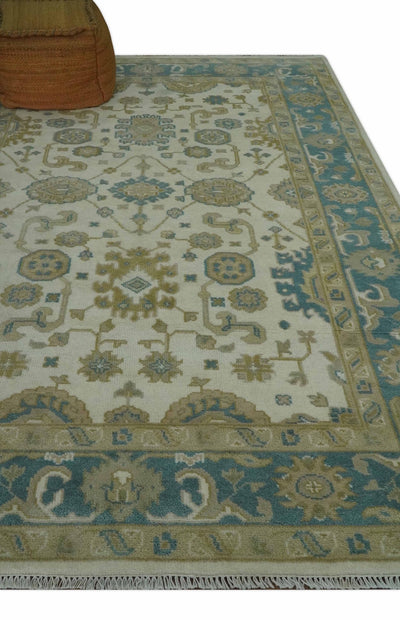 Custom Made Hand Knotted Ivory, Teal and Olive Traditional Oriental Oushak wool rug - The Rug Decor