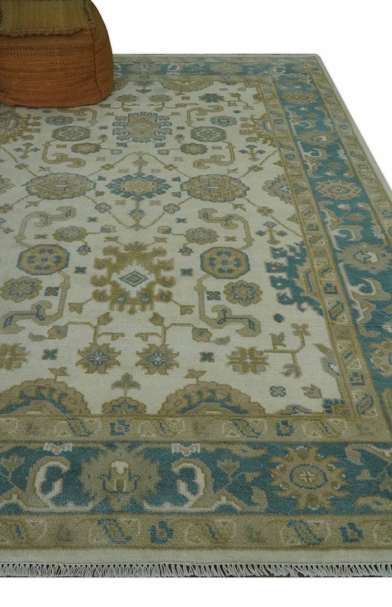 Custom Made Hand Knotted Ivory, Teal and Olive Traditional Oriental Oushak wool rug - The Rug Decor