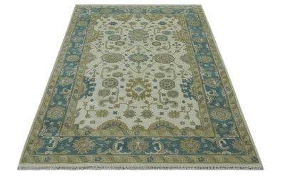 Custom Made Hand Knotted Ivory, Teal and Olive Traditional Oriental Oushak wool rug - The Rug Decor