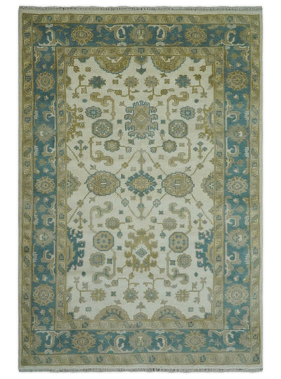 Custom Made Hand Knotted Ivory, Teal and Olive Traditional Oriental Oushak wool rug - The Rug Decor