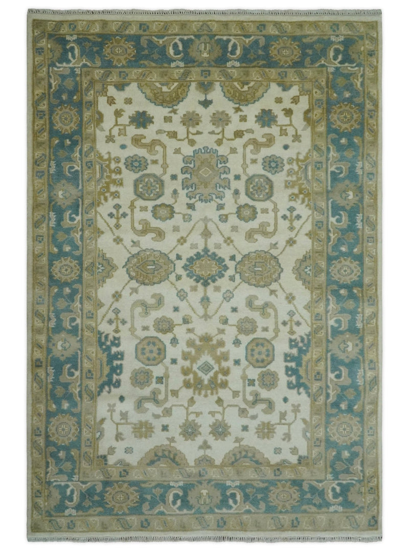 Custom Made Hand Knotted Ivory, Teal and Olive Traditional Oriental Oushak wool rug - The Rug Decor