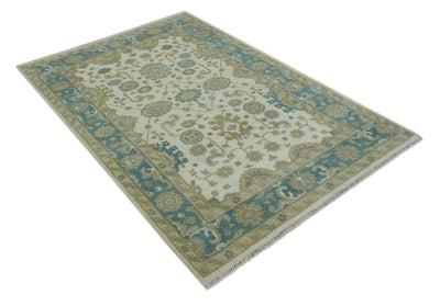 Custom Made Hand Knotted Ivory, Teal and Olive Traditional Oriental Oushak wool rug - The Rug Decor