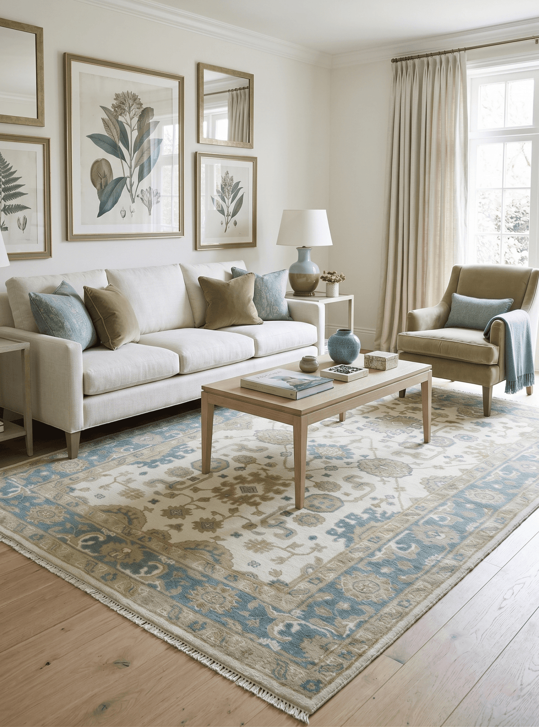 Custom Made Hand Knotted Ivory, Teal and Olive Traditional Oriental Oushak wool rug - The Rug Decor