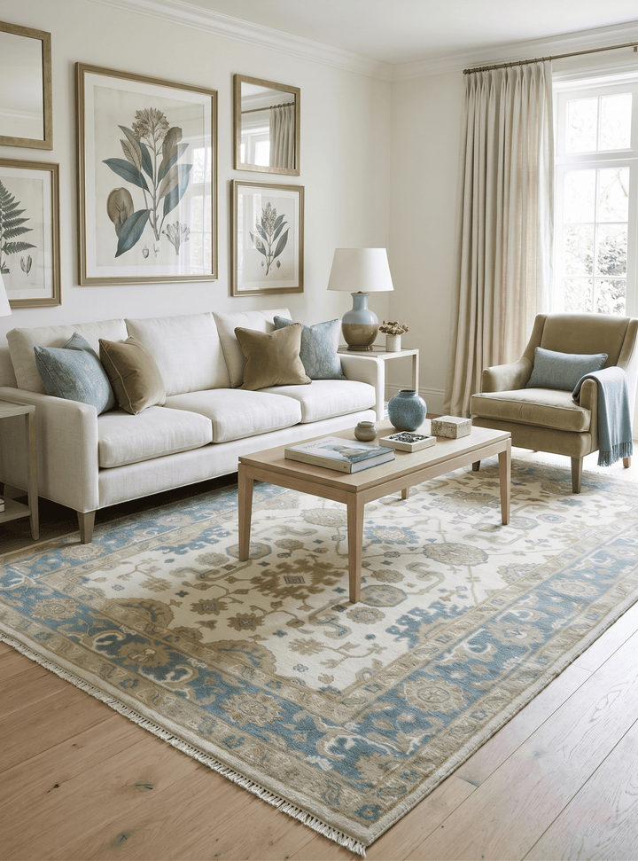 Custom Made Hand Knotted Ivory, Teal and Olive Traditional Oriental Oushak wool rug - The Rug Decor
