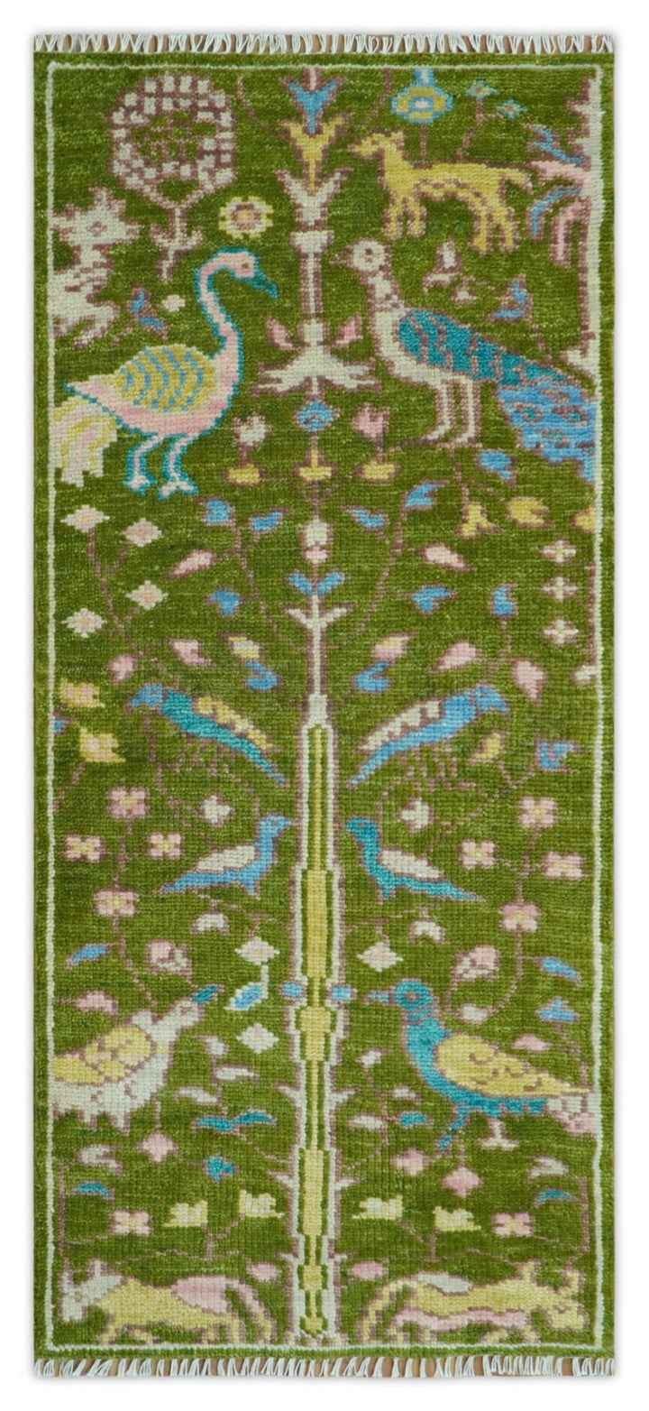 Custom Made Hand Knotted Jungle Life Peacock Green Runner Wool Rug - The Rug Decor