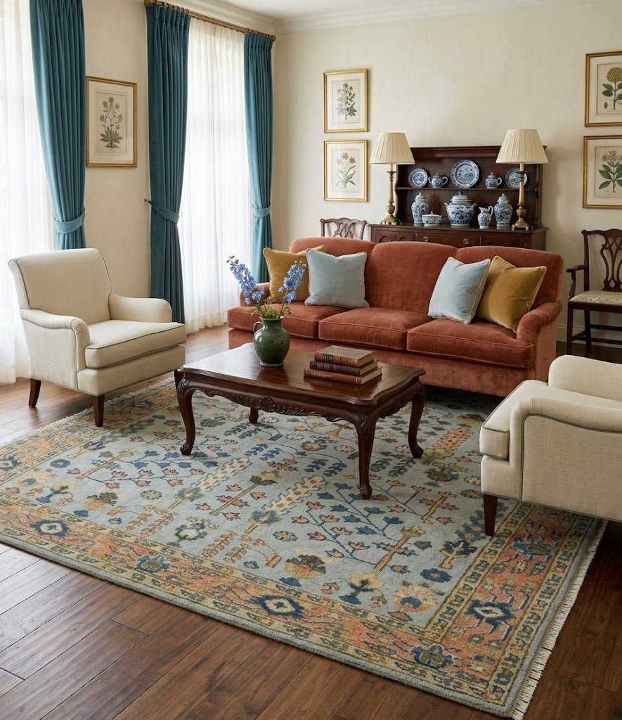 Custom Made Hand Knotted Living Room and Bedroom Rug Rust and Silver Traditional Turkish Style Wool Rug - The Rug Decor