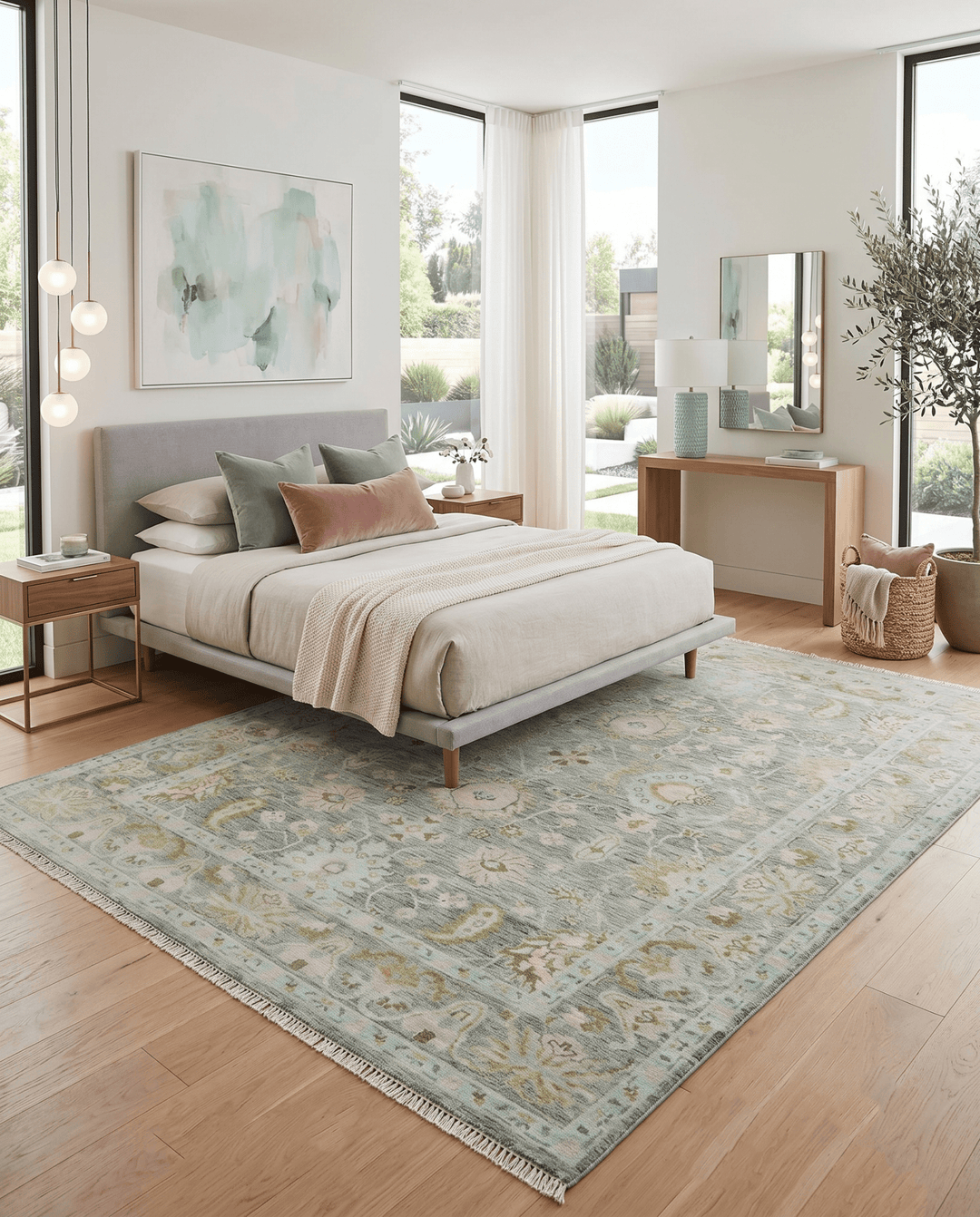Custom Made Hand Knotted Moss Green Gray and Green Oriental Oushak Multi Size Traditional Wool Area Rug - The Rug Decor