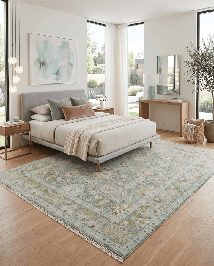 Custom Made Hand Knotted Moss Green Gray and Green Oriental Oushak Multi Size Traditional Wool Area Rug - The Rug Decor