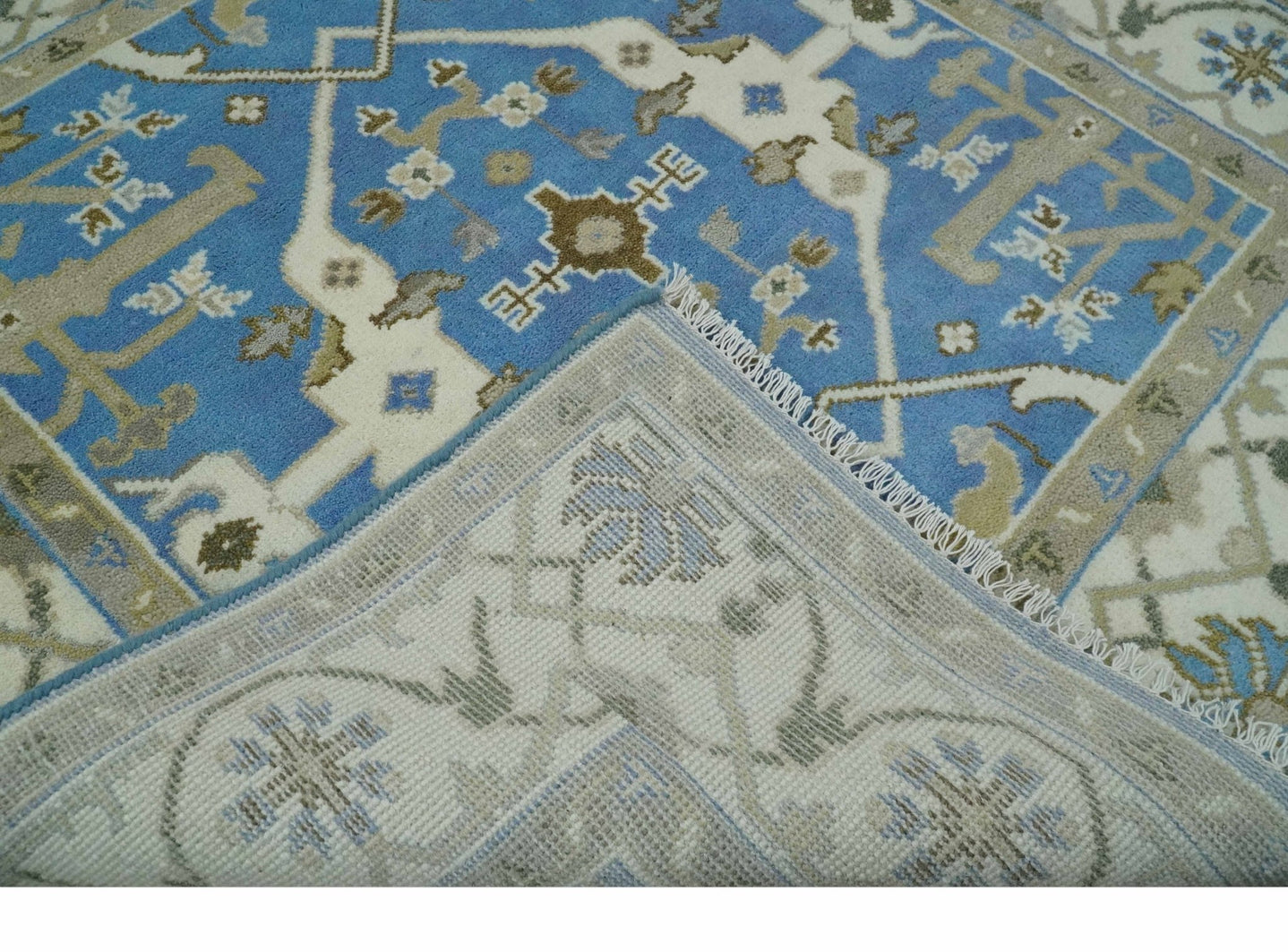 Custom Made Hand Knotted Oriental Oushak Blue and Ivory Wool Area Rug - The Rug Decor