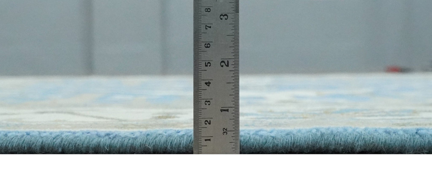 Custom Made Hand Knotted Oriental Oushak Blue and Ivory Wool Area Rug - The Rug Decor