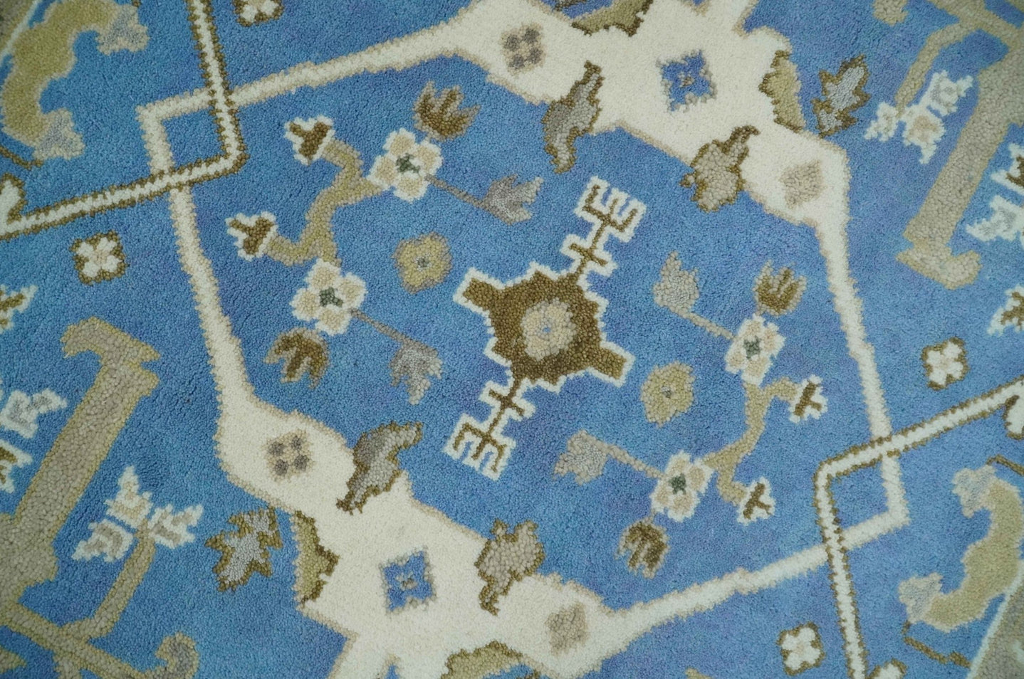 Custom Made Hand Knotted Oriental Oushak Blue and Ivory Wool Area Rug - The Rug Decor