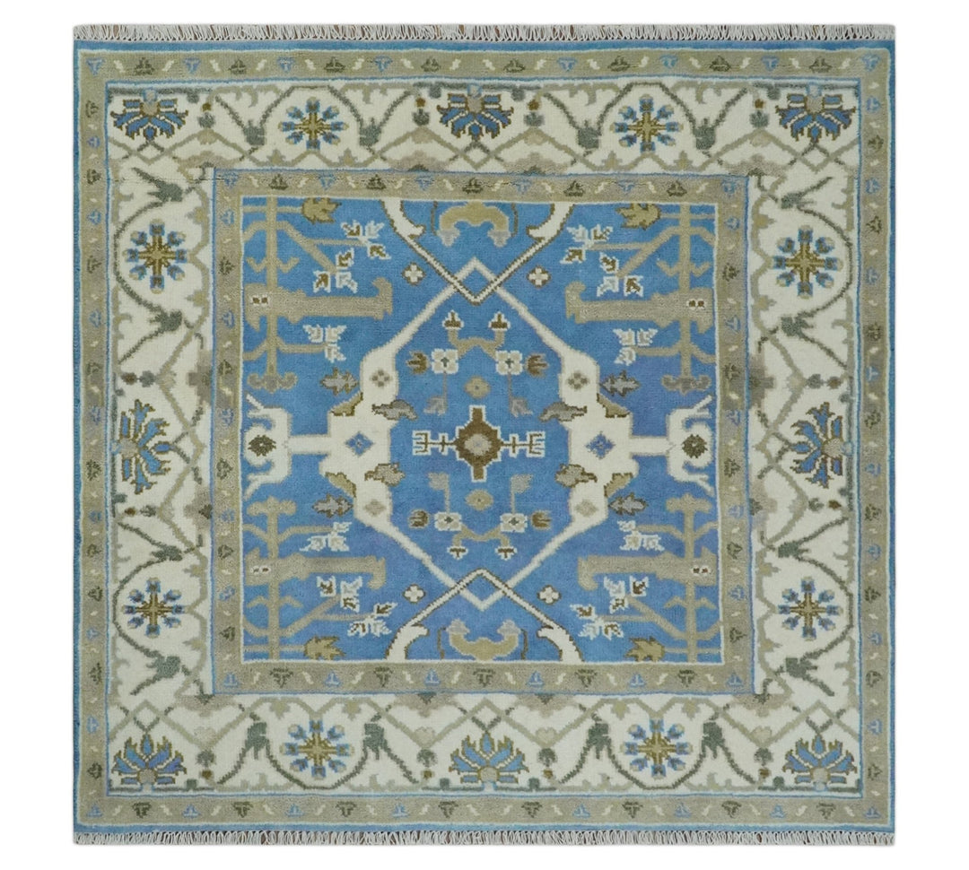 Custom Made Hand Knotted Oriental Oushak Blue and Ivory Wool Area Rug - The Rug Decor