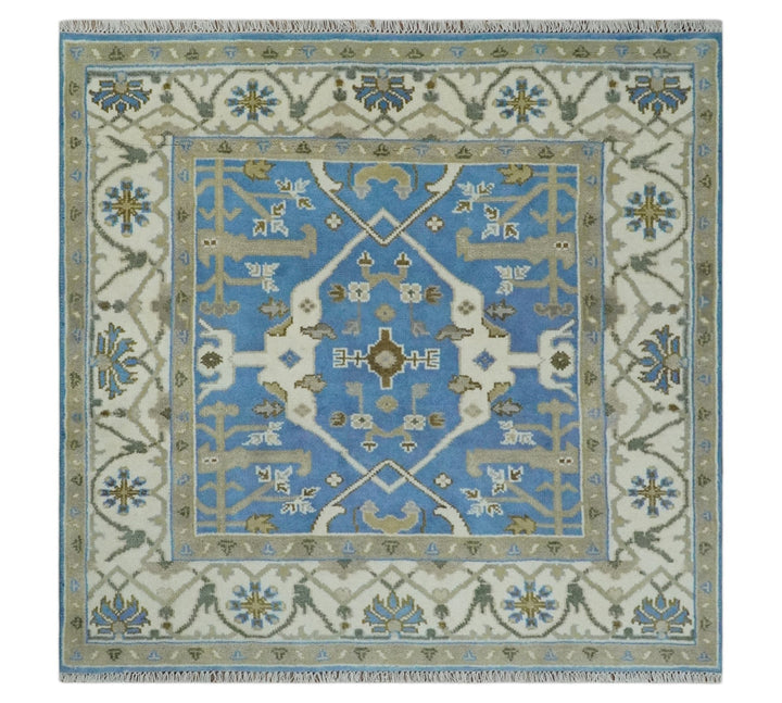 Custom Made Hand Knotted Oriental Oushak Blue and Ivory Wool Area Rug - The Rug Decor