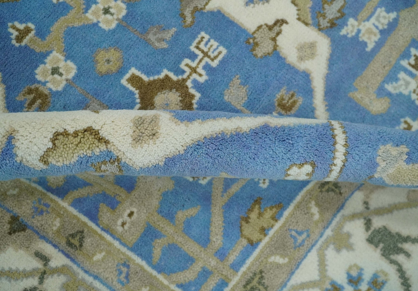 Custom Made Hand Knotted Oriental Oushak Blue and Ivory Wool Area Rug - The Rug Decor