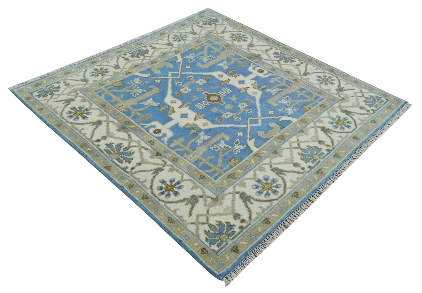 Custom Made Hand Knotted Oriental Oushak Blue and Ivory Wool Area Rug - The Rug Decor