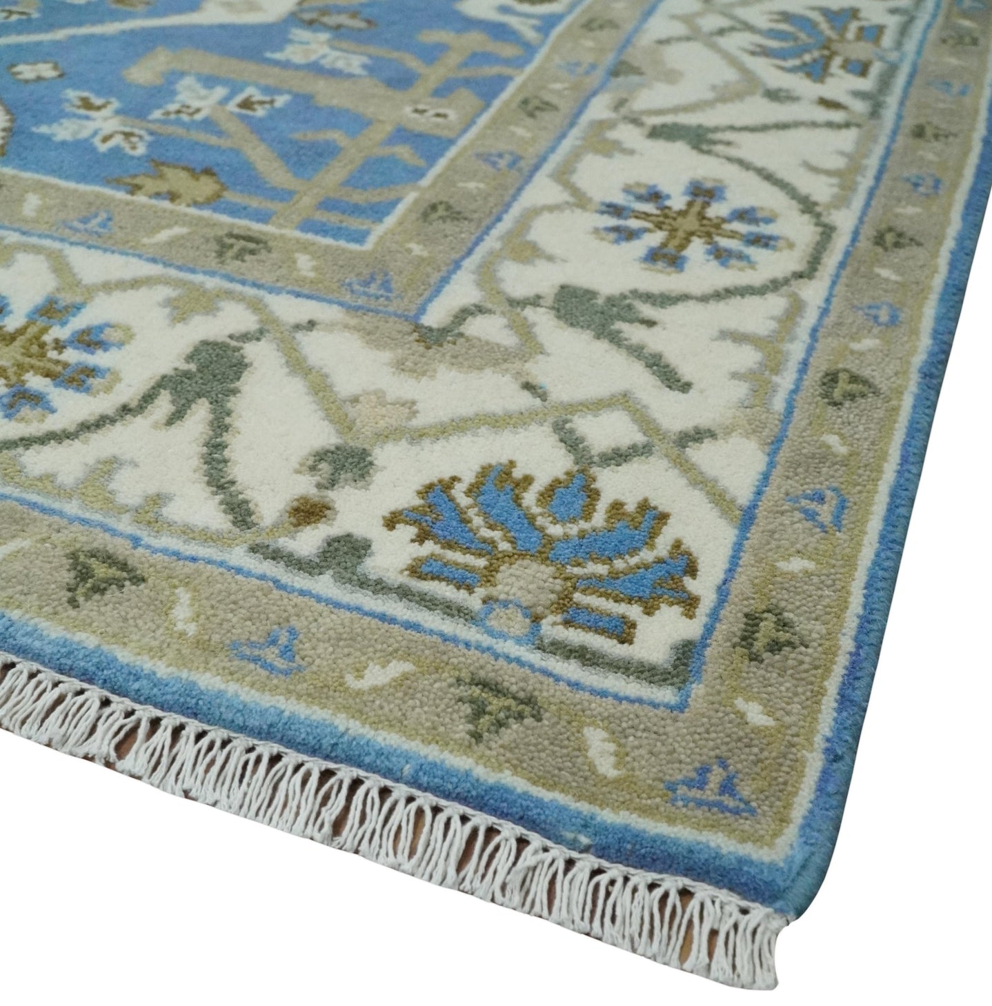 Custom Made Hand Knotted Oriental Oushak Blue and Ivory Wool Area Rug - The Rug Decor