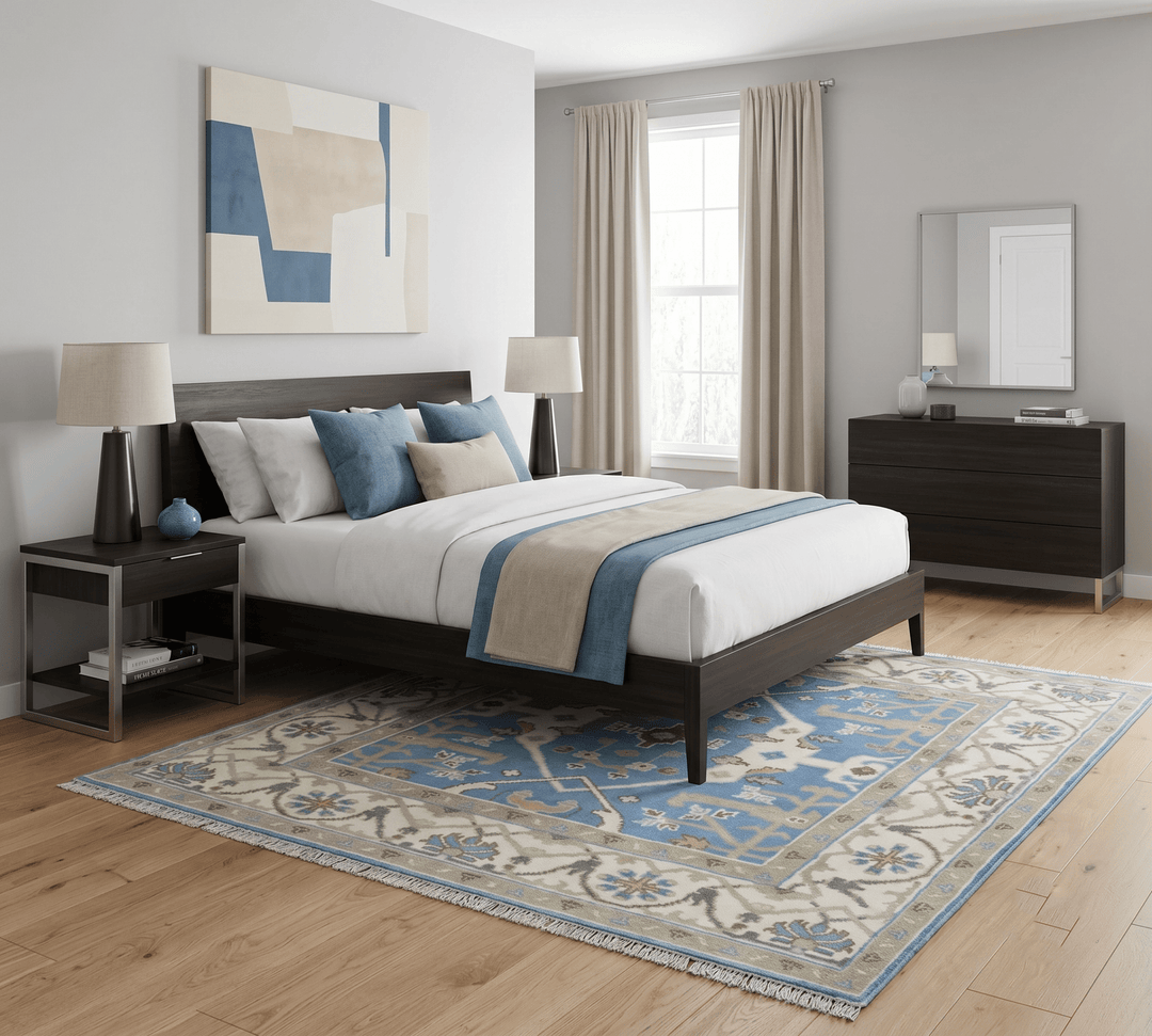 Custom Made Hand Knotted Oriental Oushak Blue and Ivory Wool Area Rug - The Rug Decor