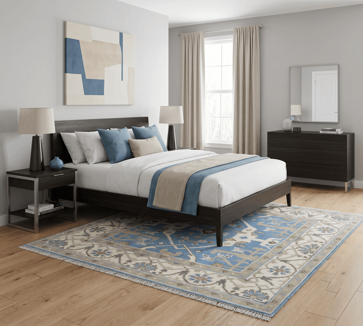 Custom Made Hand Knotted Oriental Oushak Blue and Ivory Wool Area Rug - The Rug Decor