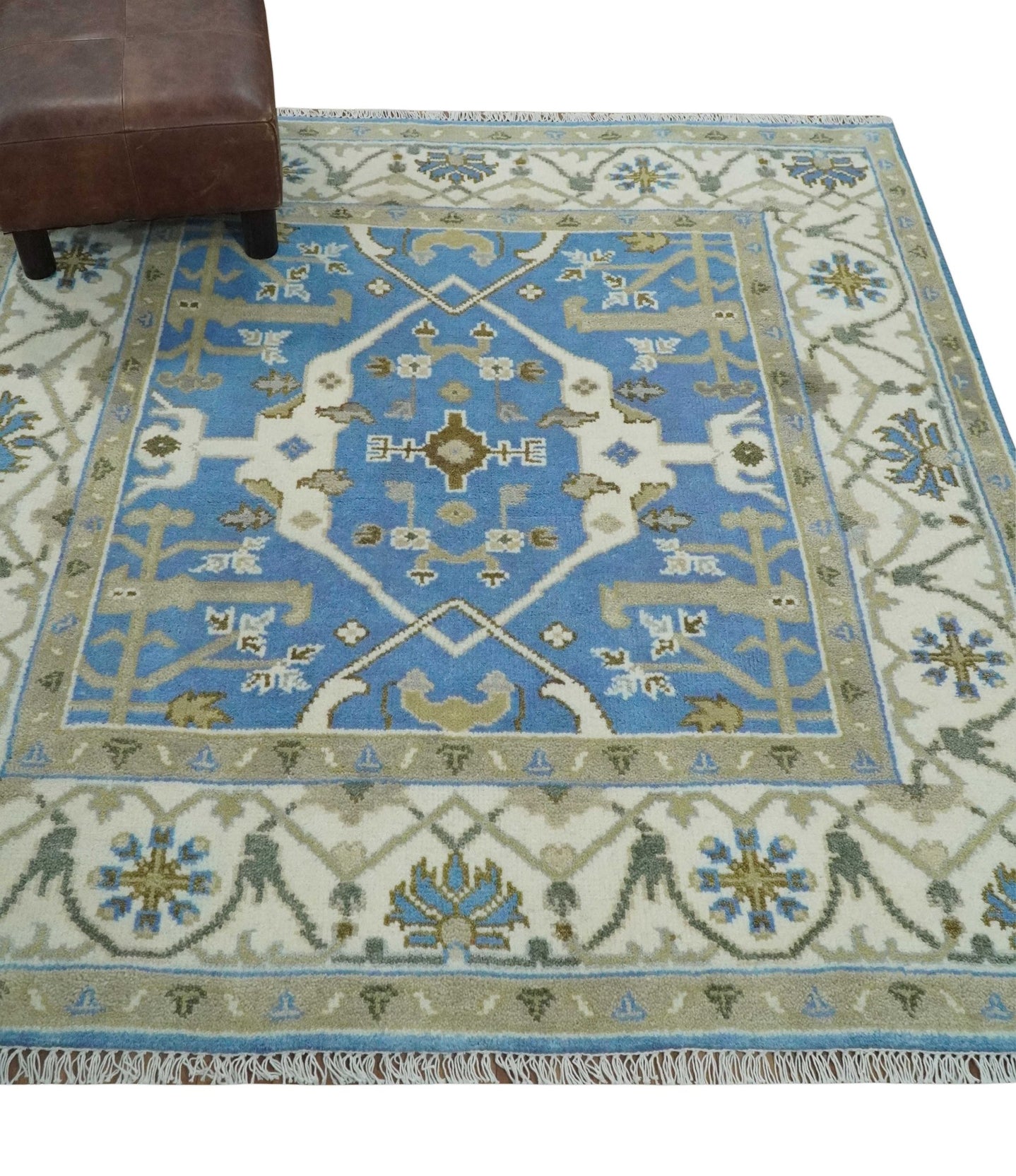 Custom Made Hand Knotted Oriental Oushak Blue and Ivory Wool Area Rug - The Rug Decor