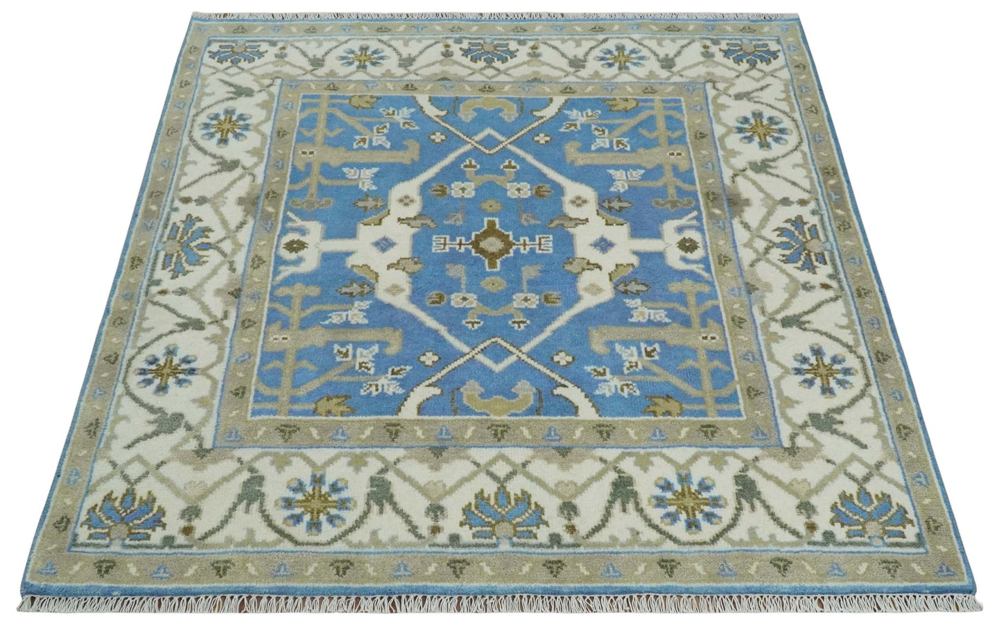 Custom Made Hand Knotted Oriental Oushak Blue and Ivory Wool Area Rug - The Rug Decor