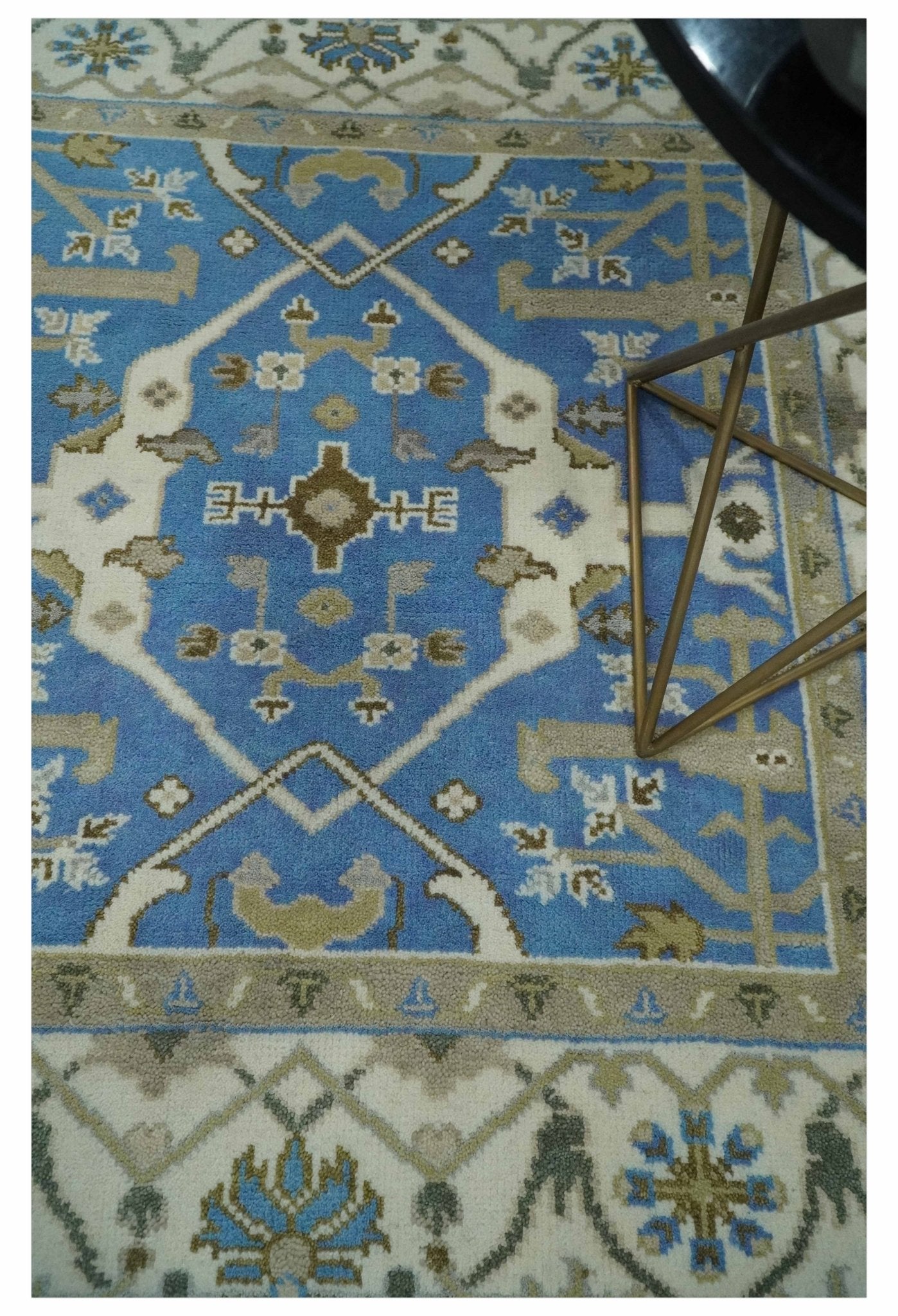 Custom Made Hand Knotted Oriental Oushak Blue and Ivory Wool Area Rug - The Rug Decor