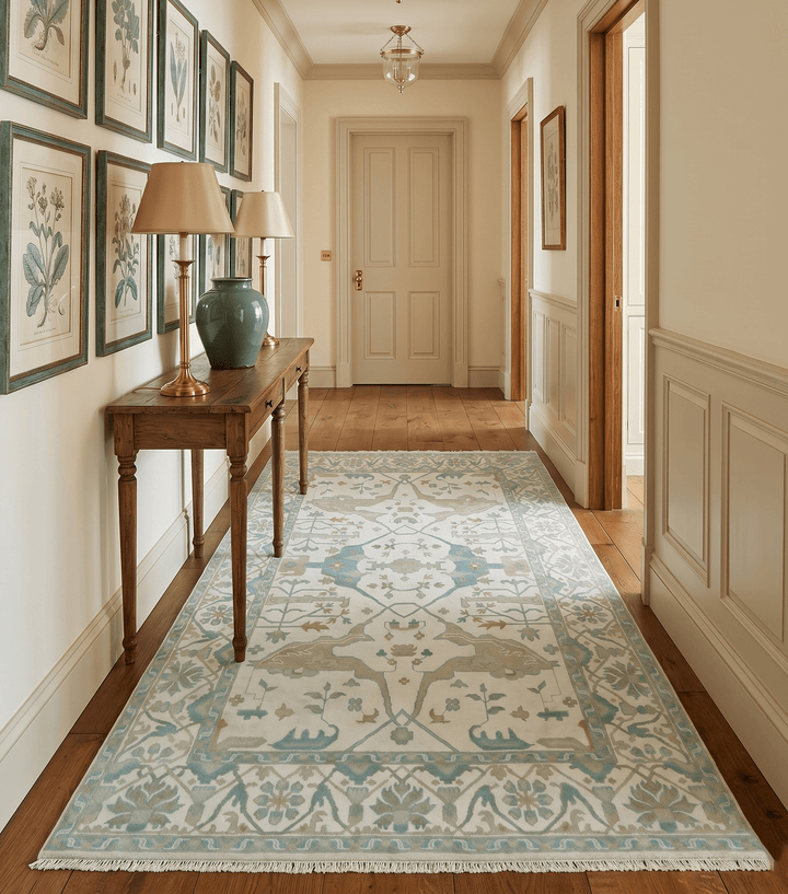 Custom Made Hand Knotted Oriental Oushak Ivory and Blue Wool Area Rug - The Rug Decor