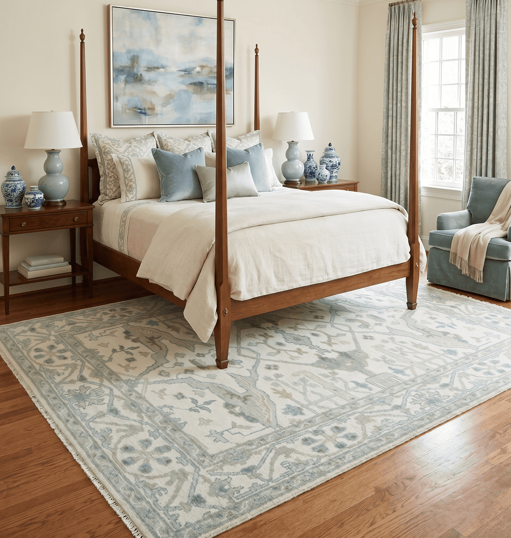 Custom Made Hand Knotted Oriental Oushak Ivory and Teal Wool Area Rug - The Rug Decor
