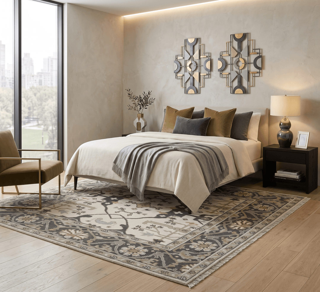Custom made Hand Knotted Oriental Oushak Ivory, Charcoal and Olive Wool Area Rug - The Rug Decor