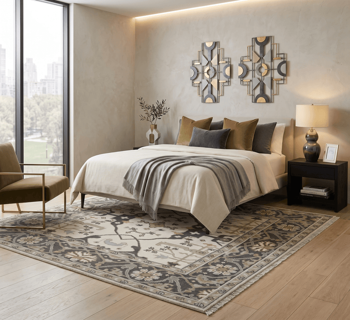 Custom made Hand Knotted Oriental Oushak Ivory, Charcoal and Olive Wool Area Rug - The Rug Decor