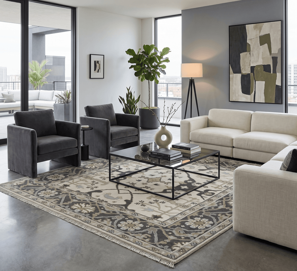 Custom made Hand Knotted Oriental Oushak Ivory, Charcoal and Olive Wool Area Rug - The Rug Decor