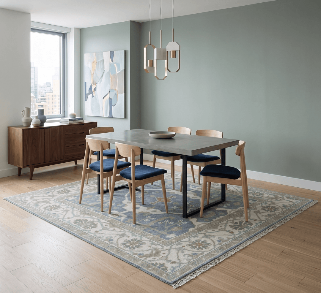 Custom Made Hand Knotted Oriental Oushak Ivory, Charcoal and Olive Wool Area Rug - The Rug Decor