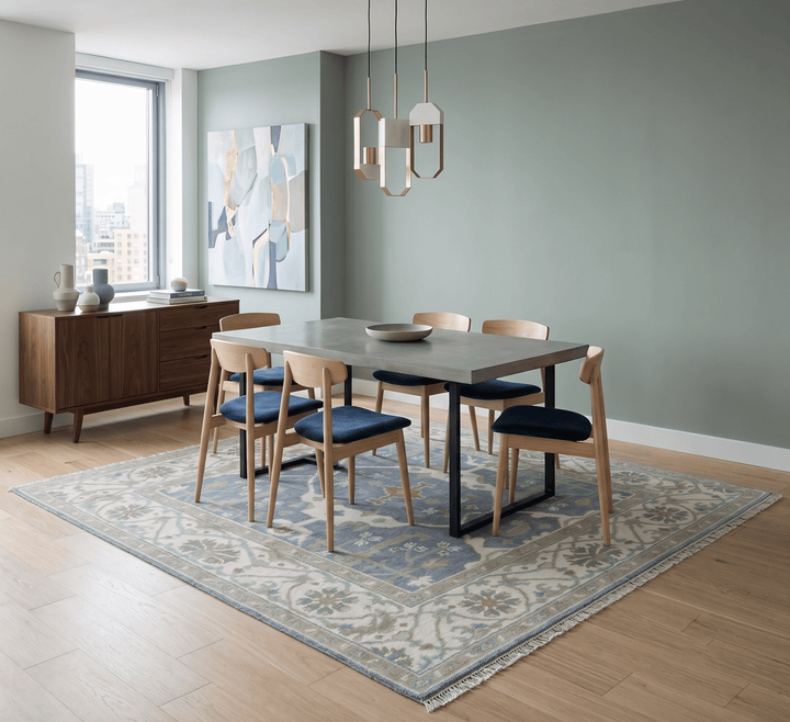 Custom Made Hand Knotted Oriental Oushak Ivory, Charcoal and Olive Wool Area Rug - The Rug Decor