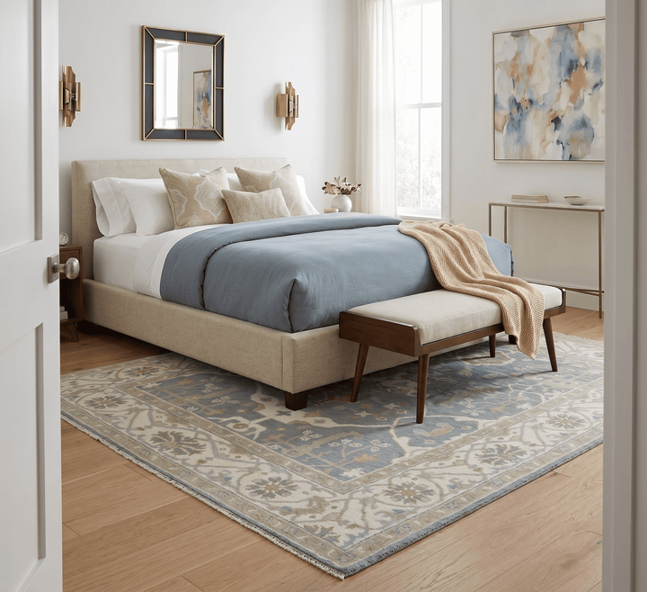 Custom Made Hand Knotted Oriental Oushak Ivory, Charcoal and Olive Wool Area Rug - The Rug Decor