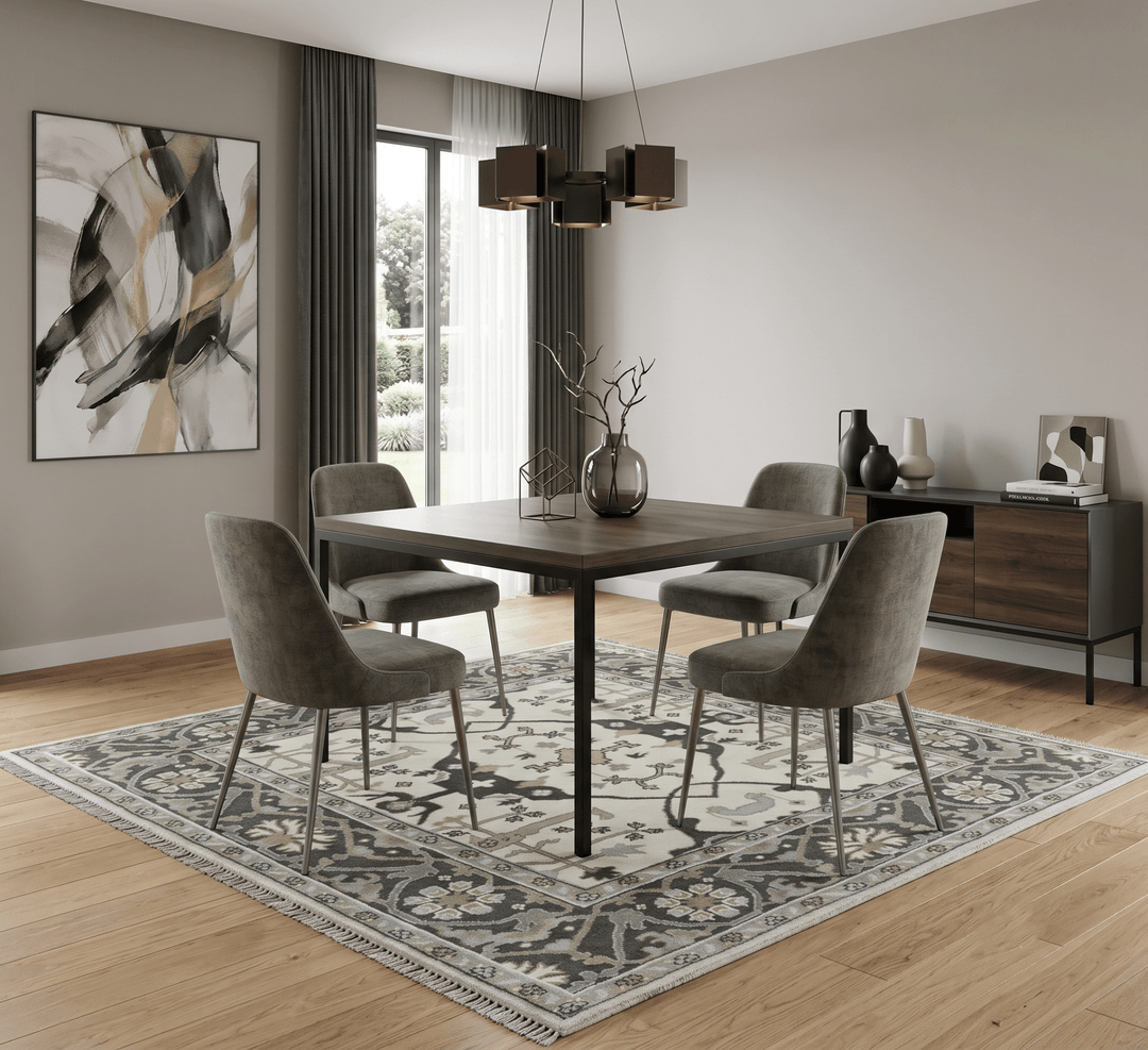 Custom made Hand Knotted Oriental Oushak Ivory, Charcoal and Olive Wool Area Rug - The Rug Decor
