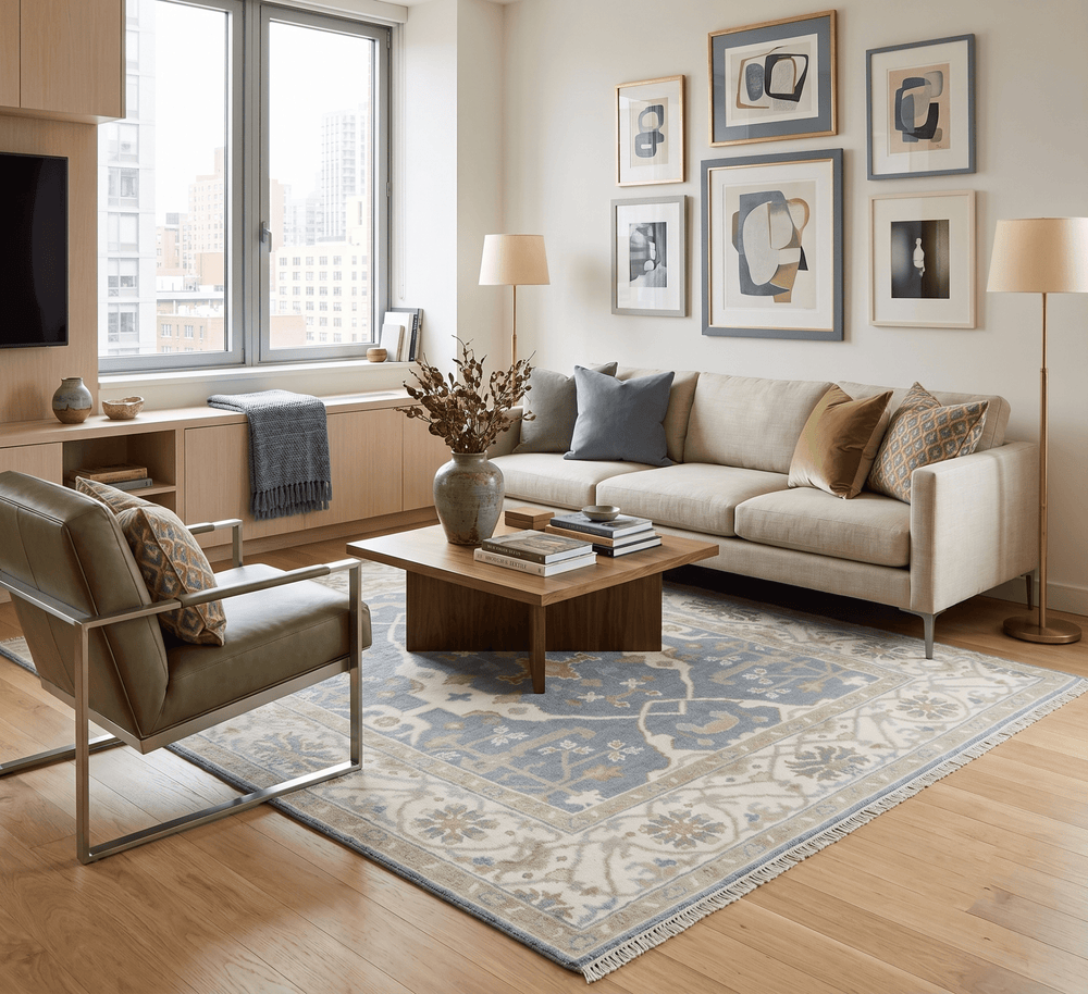 Custom Made Hand Knotted Oriental Oushak Ivory, Charcoal and Olive Wool Area Rug - The Rug Decor