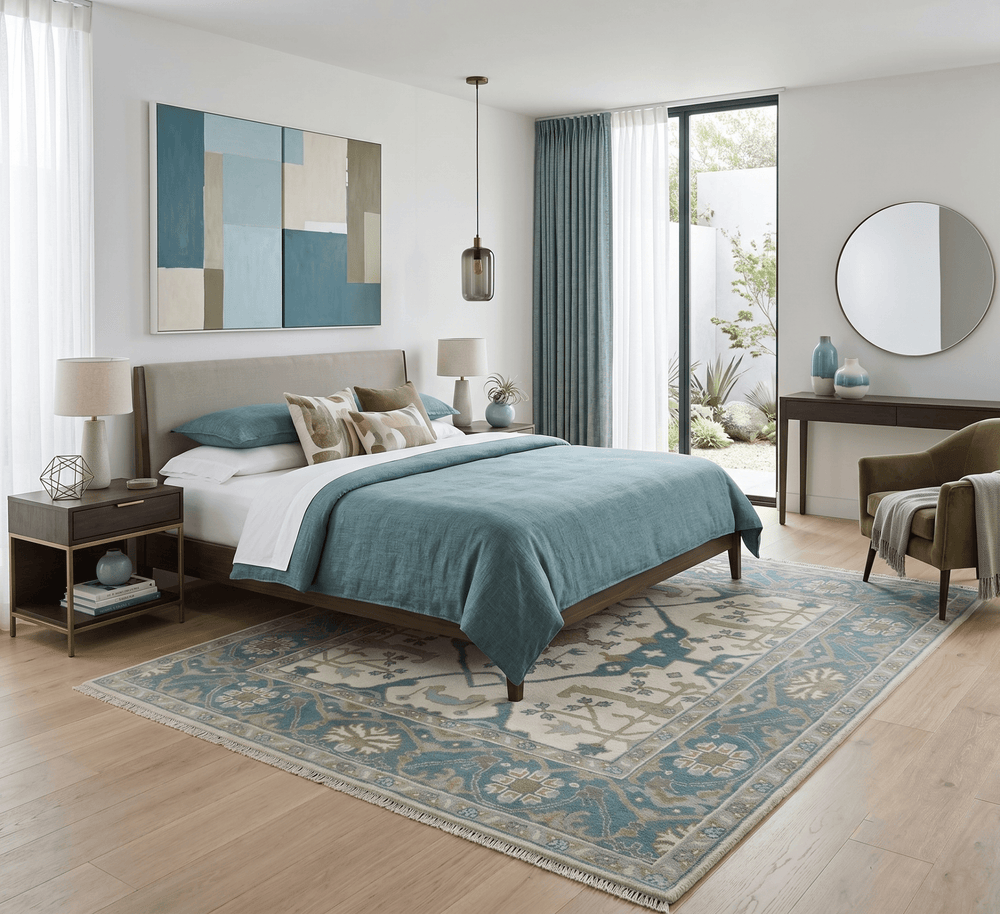 Custom Made Hand Knotted Oriental Oushak Ivory, Teal and Beige Wool Area Rug - The Rug Decor