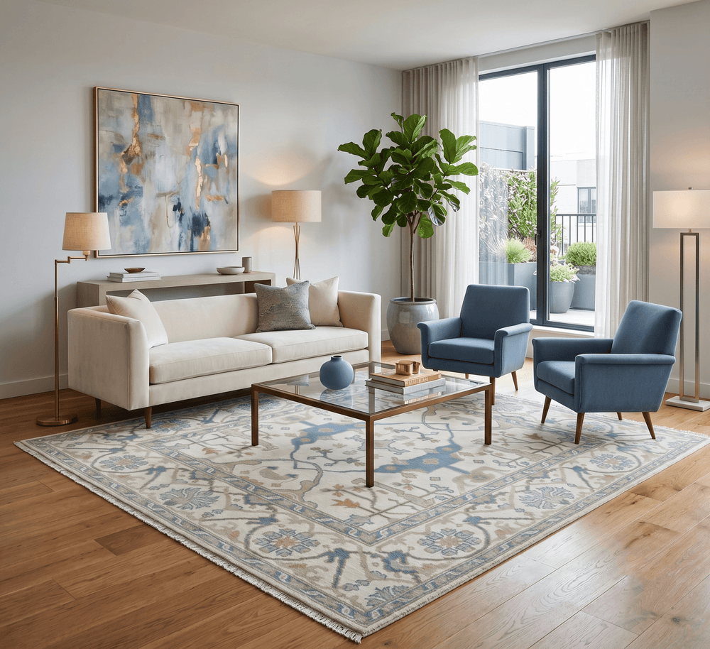 Custom Made Hand Knotted Oriental Oushak Ivory, Teal and Beige Wool Area Rug - The Rug Decor
