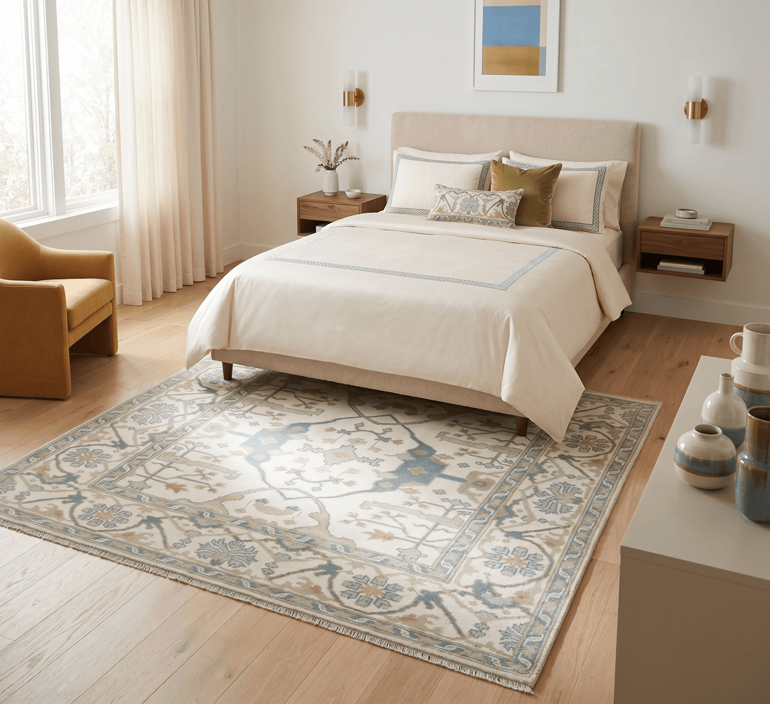 Custom Made Hand Knotted Oriental Oushak Ivory, Teal and Beige Wool Area Rug - The Rug Decor