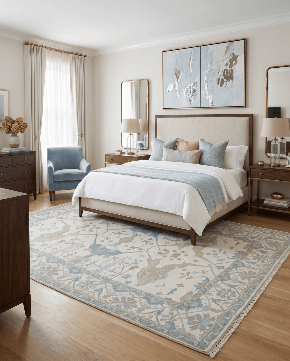 Custom Made Hand Knotted Oriental Oushak Ivory, Teal and Beige Wool Area Rug - The Rug Decor