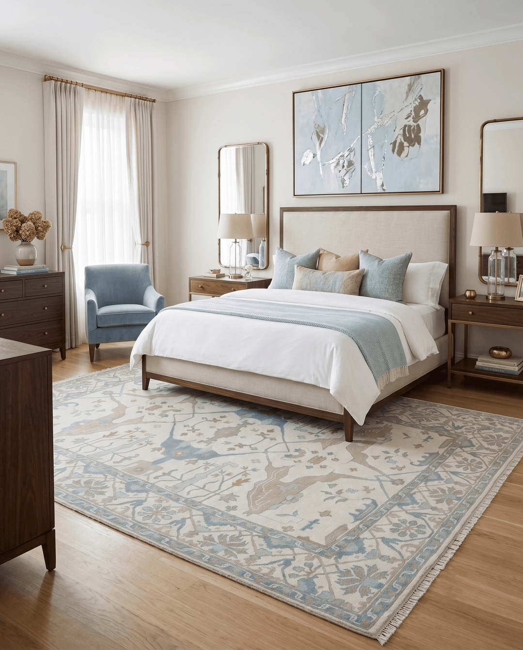 Custom Made Hand Knotted Oriental Oushak Ivory, Teal and Beige Wool Area Rug - The Rug Decor